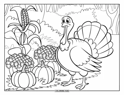 Coloriage de dinde de Thanksgiving pour enfants : Une dinde fière se dandine près d'un jardin rustique avec des citrouilles et des chrysanthèmes