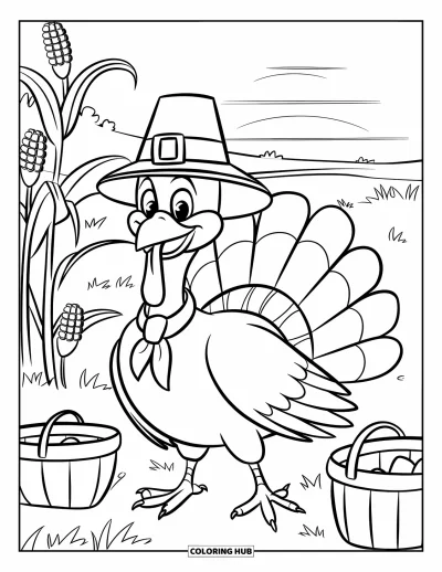 Coloriage de dinde de Thanksgiving pour enfants : Une dinde souriante dans un champ de maïs porte une écharpe et un chapeau de pèlerin