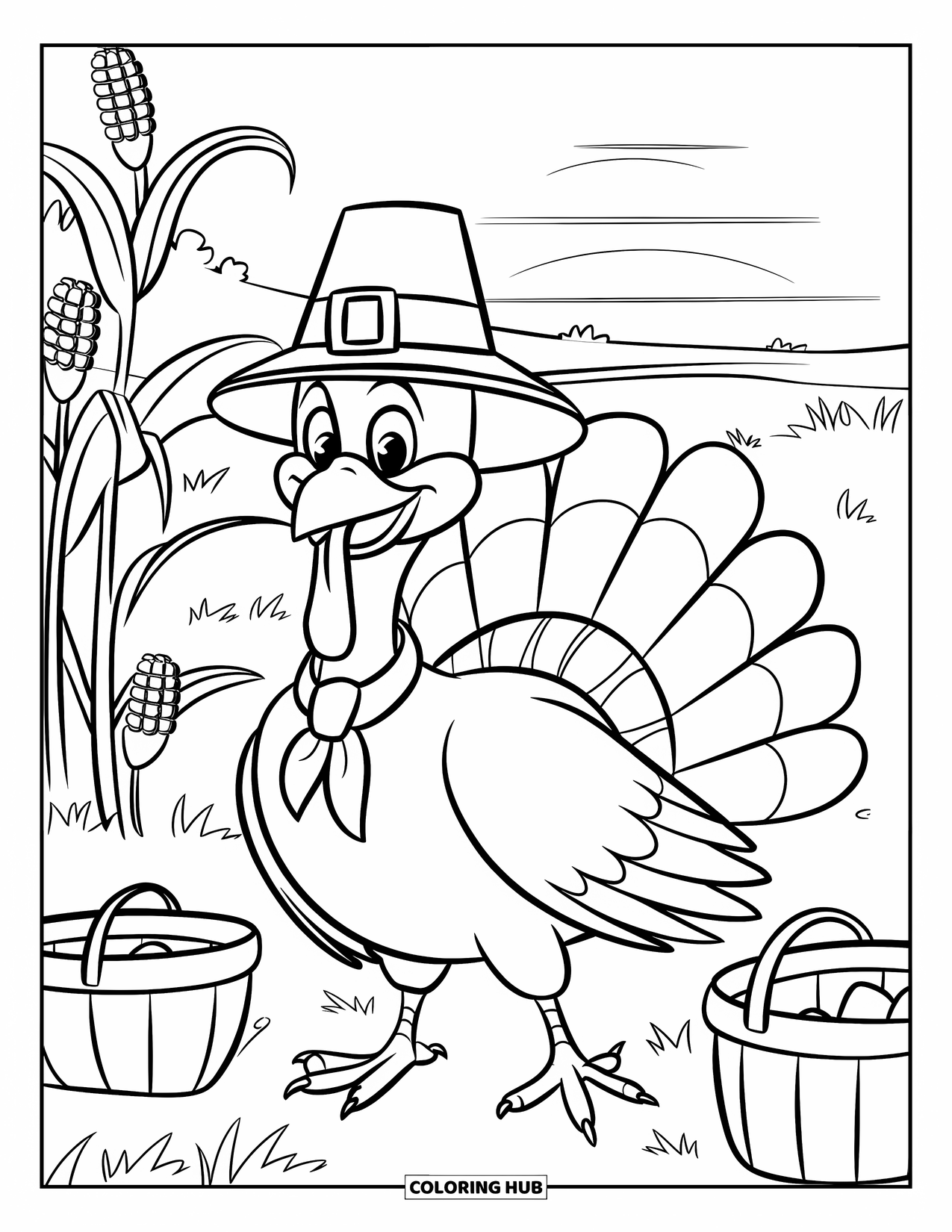 Kleurplaat van een Thanksgiving kalkoen voor kinderen: Een glimlachende kalkoen in een korenveld draagt een sjaal en pelgrimshoed