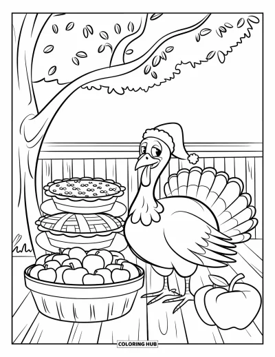 Coloriage de dinde de Thanksgiving pour enfants : Une dinde souriante avec un chapeau amusant se tient près de tartes empilées et de pommes