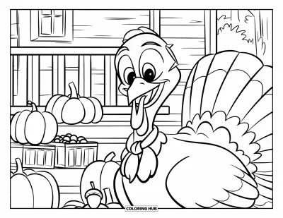 Coloriage de dinde de Thanksgiving pour enfants : Une dinde souriante en écharpe se tient près de citrouilles et d'un chalet en bois