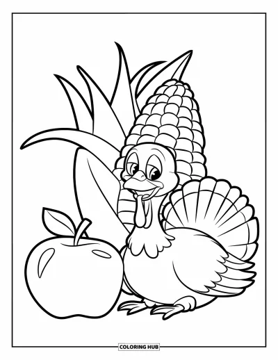 Coloriage de dinde de Thanksgiving pour enfants : Une dinde souriante se repose près d'un épi de maïs, d'une pomme et d'un tonneau en bois