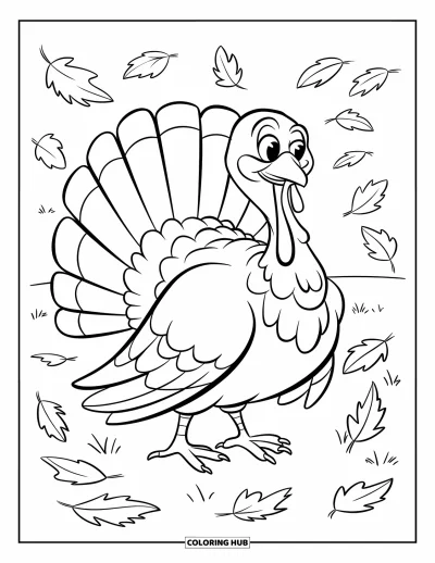 Coloriage de dinde de Thanksgiving pour enfants : Une dinde souriante exhibe ses plumes tandis que les feuilles volent dans la brise