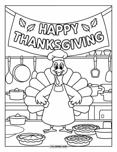 Coloriage de dinde de Thanksgiving pour enfants : Une dinde souriante se tient sous une banderole « Happy Thanksgiving » dans une cuisine