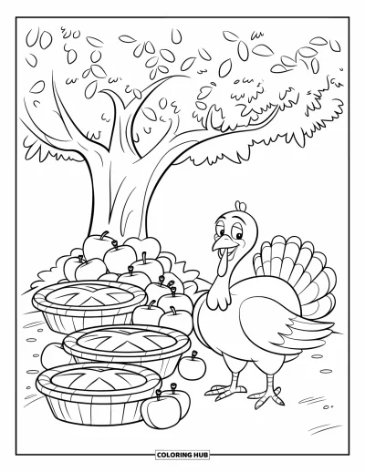 Coloriage de dinde de Thanksgiving pour enfants : Une dinde souriante se tient sous un arbre avec des tartes et de belles pommes brillantes