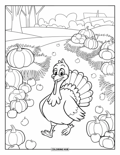 Coloriage de dinde de Thanksgiving pour enfants : Une dinde souriante se promène parmi des citrouilles, du foin et des pommes éparpillées