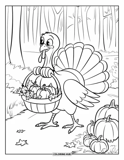 Coloriage de dinde de Thanksgiving pour enfants : Une dinde souriante avec un panier de citrouilles et de courges marche sur un chemin forestier
