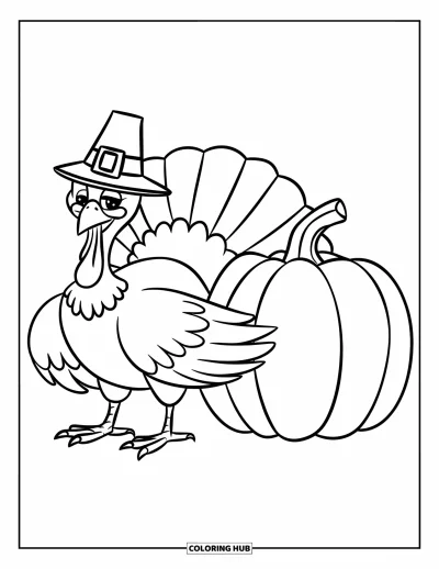 Coloriage de dinde de Thanksgiving pour enfants : Une dinde souriante avec une citrouille se tient sur un fond blanc simple