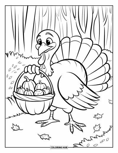 Coloriage de dinde de Thanksgiving pour enfants : Une dinde porte un panier de récolte sur un chemin forestier jonché de feuilles