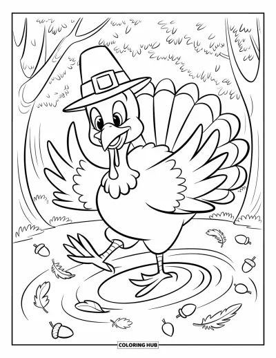 Coloriage de dinde de Thanksgiving pour enfants : Une dinde danse parmi des feuilles tourbillonnantes, des plumes et des glands
