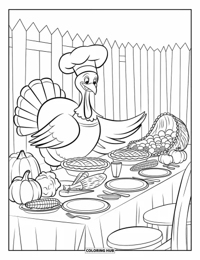 Coloriage de dinde de Thanksgiving pour enfants : Une dinde décore une table de récolte garnie d'une tarte, de courges et d'une lanterne