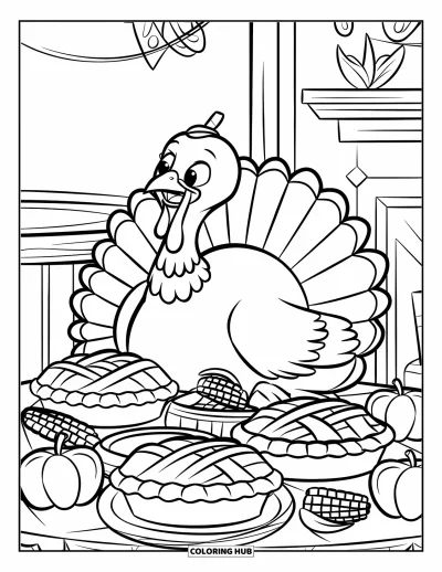 Coloriage de dinde de Thanksgiving pour enfants : Une dinde décore une table pleine de douceurs d'automne près d'une cheminée