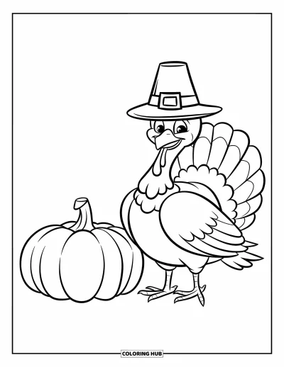 Coloriage de dinde de Thanksgiving pour enfants : Une dinde sourit à côté d'une grande citrouille sous un ciel blanc