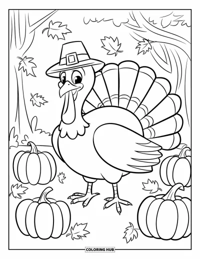 Coloriage de dinde de Thanksgiving pour enfants : Une dinde sourit dans un carré de citrouilles et de feuilles colorées qui virevoltent