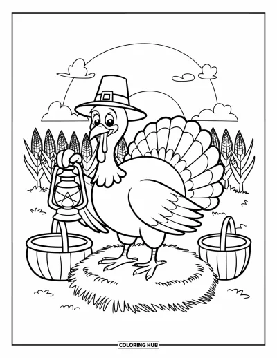 Coloriage de dinde de Thanksgiving pour enfants : Une dinde tient une lanterne sur des bottes de foin avec un coucher de soleil sur un champ de maïs en fond