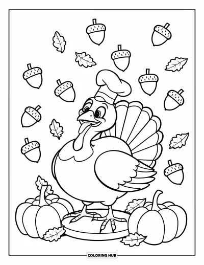 Coloriage de dinde de Thanksgiving pour enfants : Une dinde avec un chapeau de chef sourit parmi des glands et des feuilles