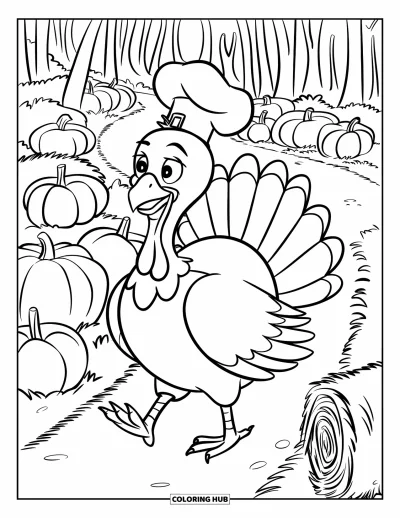 Coloriage de dinde de Thanksgiving pour enfants : Une dinde avec un chapeau de chef marche sur un chemin de citrouilles et de foin
