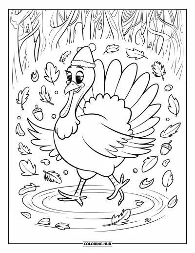 Coloriage de dinde de Thanksgiving pour enfants : Une dinde avec un chapeau danse dans une rafale de feuilles et de plumes