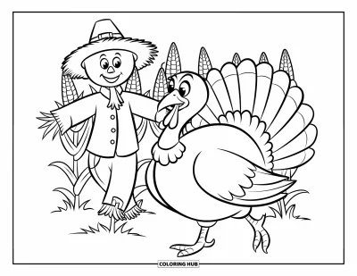 Coloriage de dinde de Thanksgiving pour enfants : Une dinde avec un ruban au cou marche près d'un épouvantail souriant et de fleurs