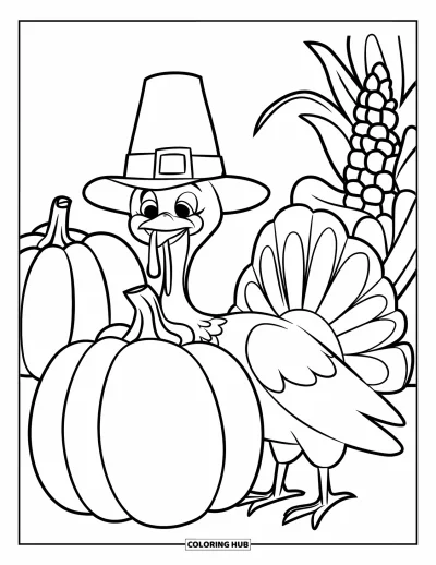 Coloriage de dinde de Thanksgiving pour enfants : Une dinde avec un chapeau de pèlerin pose près de citrouilles et d'un pied de maïs