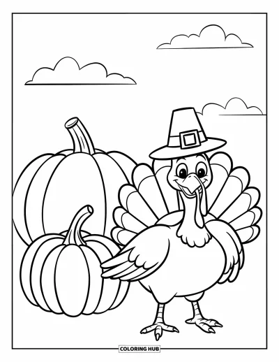 Coloriage de dinde de Thanksgiving pour enfants : Une dinde avec un chapeau de pèlerin se tient fièrement à côté d'une grande citrouille
