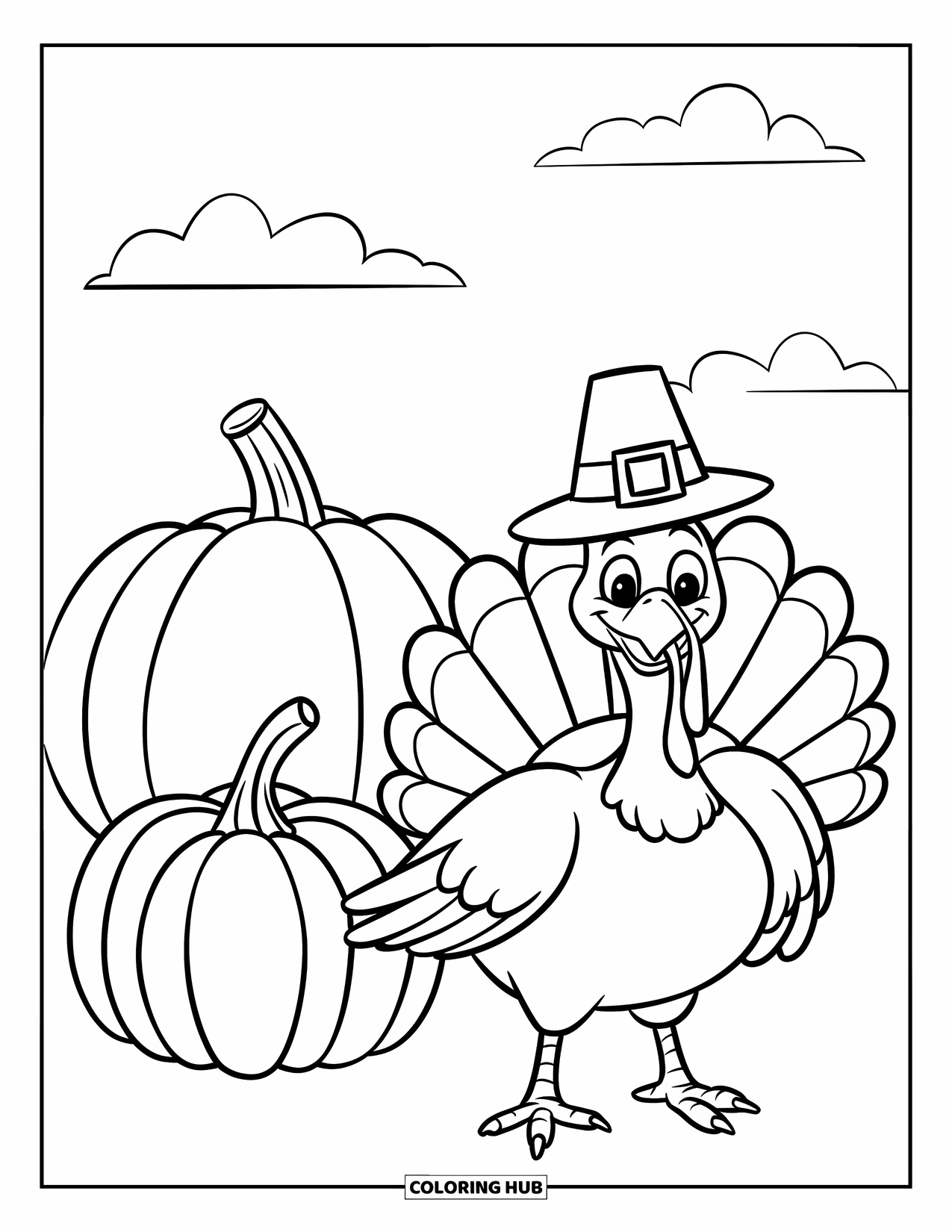 Kleurplaat van een Thanksgiving kalkoen voor kinderen: Een kalkoen in een pelgrimshoed staat trots naast een grote pompoen
