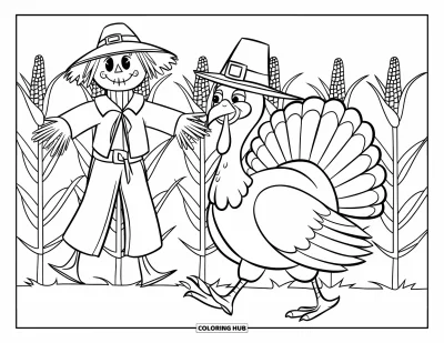 Coloriage de dinde de Thanksgiving pour enfants : Une dinde avec un chapeau de pèlerin se promène devant un épouvantail dans le champ de maïs