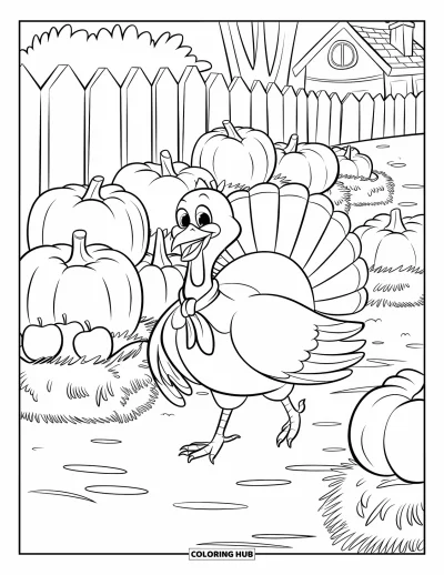 Coloriage de dinde de Thanksgiving pour enfants : Une dinde en écharpe marche sur un agréable sentier parsemé de pommes et de foin