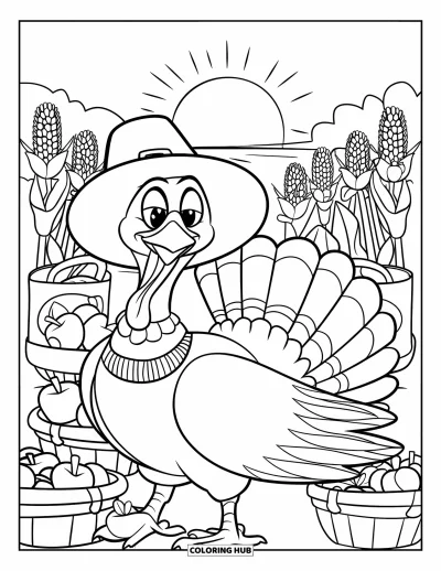 Coloriage de dinde de Thanksgiving pour enfants : Une dinde en pull rayé sourit près de paniers et d'un coucher de soleil lumineux