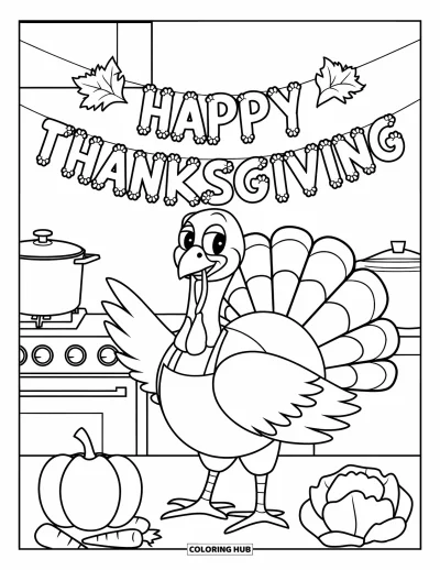 Coloriage de dinde de Thanksgiving pour enfants : Une dinde en tablier pose sous une guirlande de feuilles pour Thanksgiving