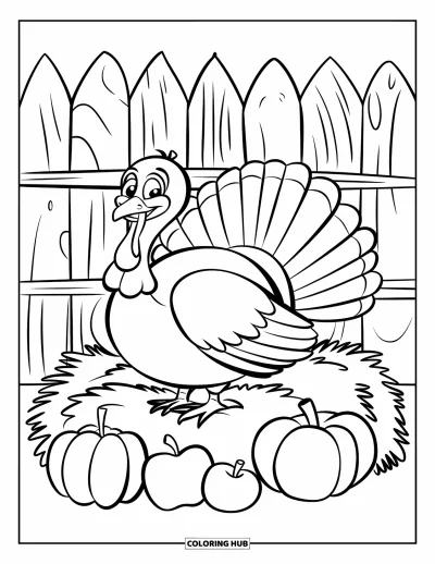Coloriage de dinde de Thanksgiving pour enfants : Une dinde perchée sur une botte de foin près de pommes et de courges