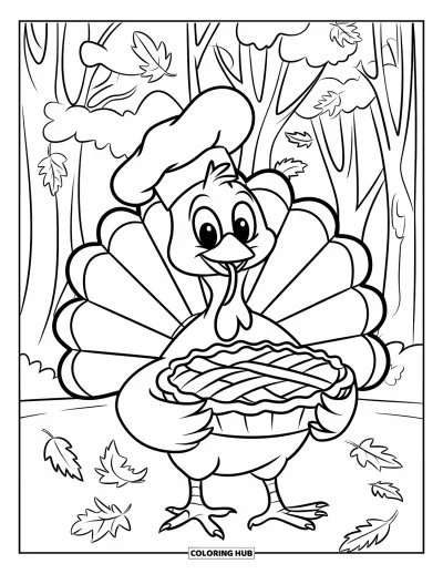 Coloriage de dinde de Thanksgiving pour enfants : Une dinde tient fièrement une tarte tandis que les feuilles tombent dans la forêt
