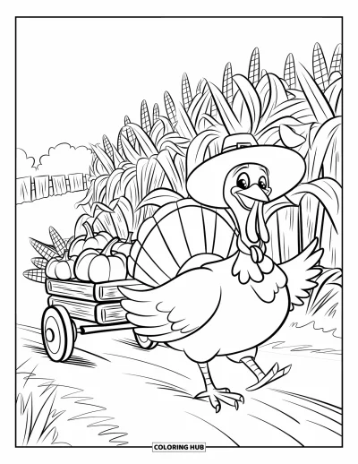 Coloriage de dinde de Thanksgiving pour enfants : Une dinde tire une charrette pleine de citrouilles et de maïs à travers le champ