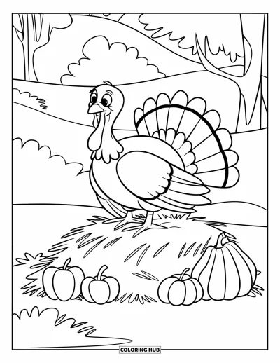 Coloriage de dinde de Thanksgiving pour enfants : Une dinde se repose sur une botte de foin dans un paisible décor de ferme