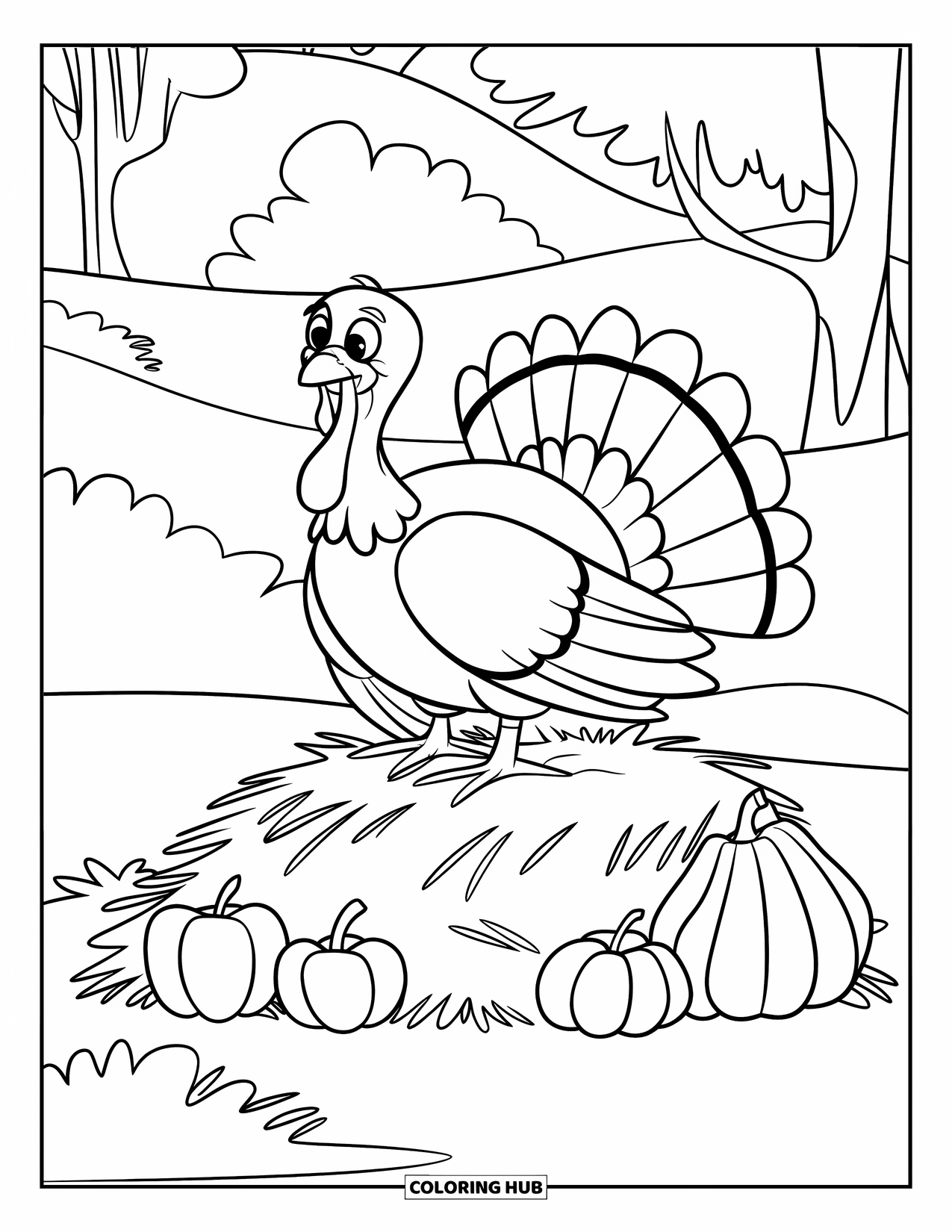 Kleurplaat van een Thanksgiving kalkoen voor kinderen: Een kalkoen ontspant op een hooiberg in een rustige boerderijomgeving