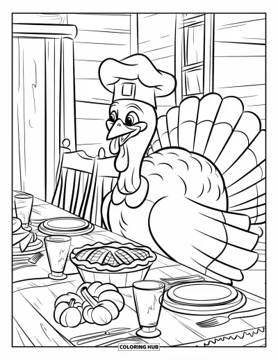 Coloriage de dinde de Thanksgiving pour enfants : Une dinde dresse une table champêtre près d'une cuisine de chalet blanc