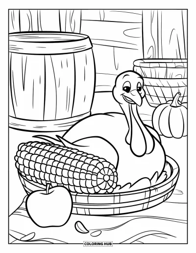 Coloriage de dinde de Thanksgiving pour enfants : Une dinde assise sur un plat à côté d'un épi de maïs et d'une pomme