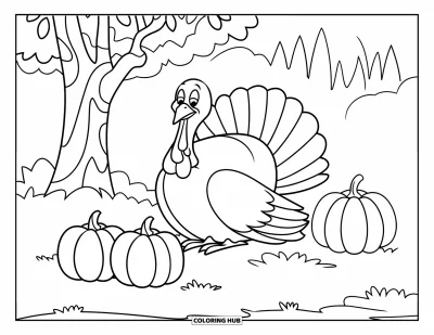 Coloriage de dinde de Thanksgiving pour enfants : Une dinde assise sous un arbre avec trois citrouilles à proximité