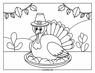 Coloriage de dinde de Thanksgiving pour enfants : Une dinde sourit sous une guirlande de feuilles sur un plat en bois