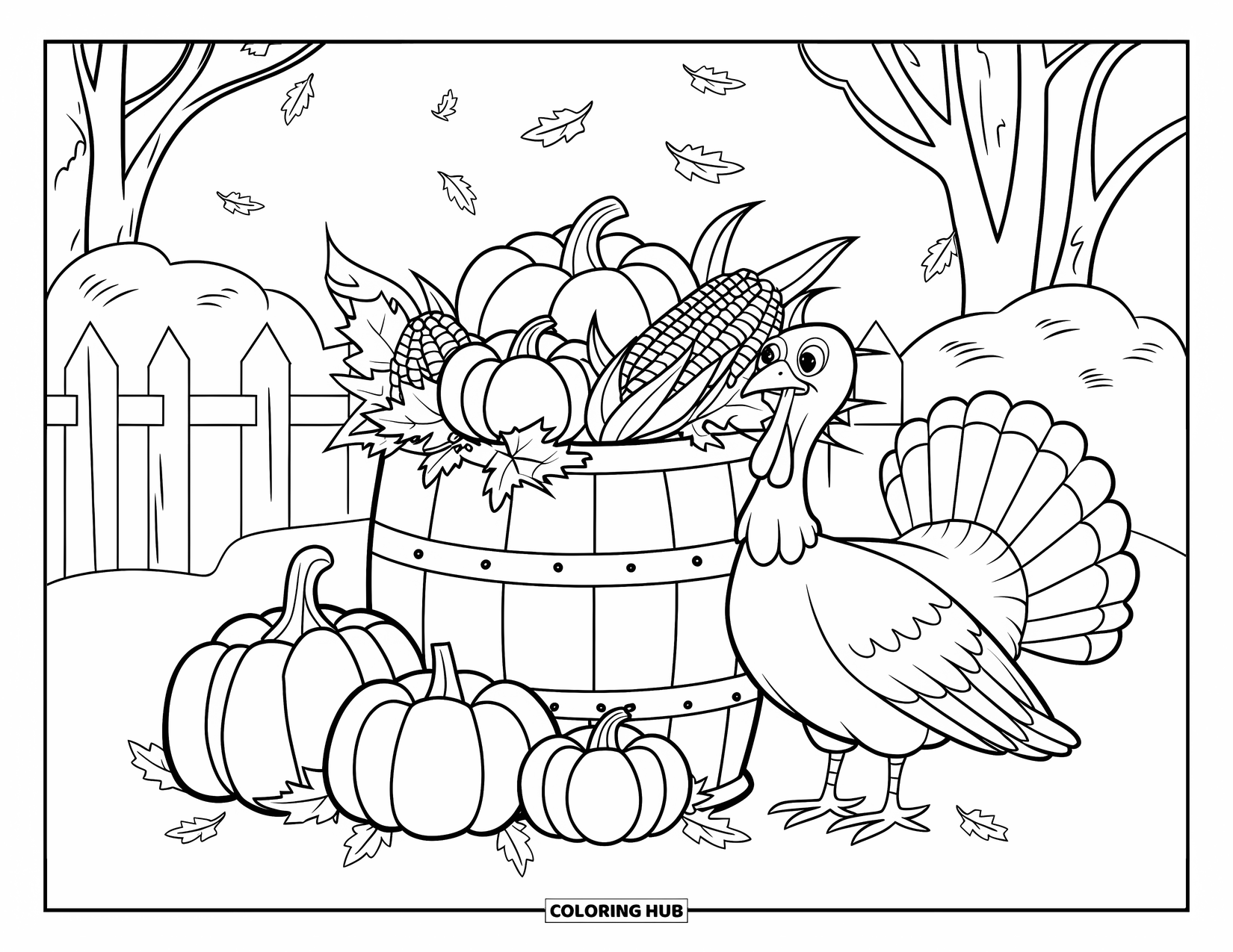 Kleurplaat van een Thanksgiving kalkoen voor kinderen: Een kalkoen lacht bij een oogstvat en een hek vol vallende bladeren