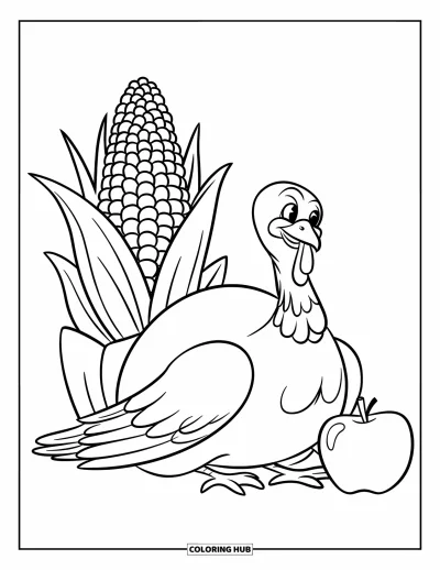 Coloriage de dinde de Thanksgiving pour enfants : Une dinde déploie ses ailes à côté d'un épi de maïs et d'une pomme