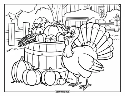 Coloriage de dinde de Thanksgiving pour enfants : Une dinde se tient près d'un tonneau de récolte rempli de citrouilles et de maïs