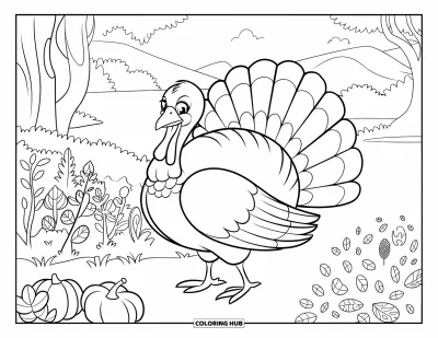 Coloriage de dinde de Thanksgiving pour enfants : Une dinde se tient près de plantes d'automne avec des montagnes et de l'eau au loin