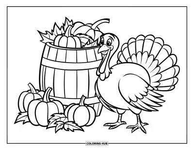 Coloriage de dinde de Thanksgiving pour enfants : Une dinde se tient à côté d'un tonneau de récolte dans une scène d'automne simple