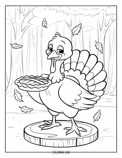 Coloriage de dinde de Thanksgiving pour enfants : Une dinde debout sur un socle tient une tarte tandis que des feuilles tombent autour d'elle