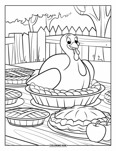 Coloriage de dinde de Thanksgiving pour enfants : Une dinde se tient sur une table garnie de tartes, de pommes et de maïs