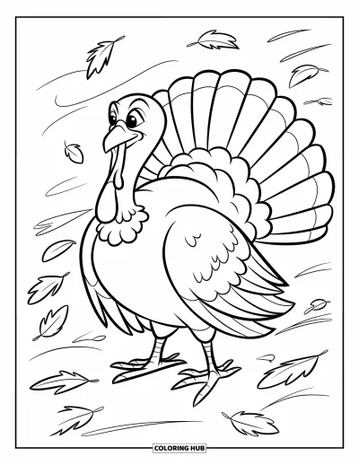 Coloriage de dinde de Thanksgiving pour enfants : Une dinde fière se tient dans un champ d'automne venteux couvert de feuilles