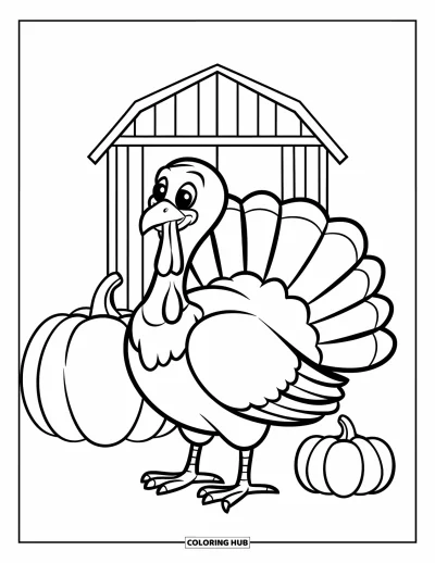 Coloriage de dinde de Thanksgiving pour enfants : Une dinde se tient fièrement entre deux citrouilles devant une grange