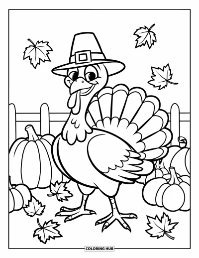 Coloriage de dinde de Thanksgiving pour enfants : Une dinde se tient fièrement dans un carré de citrouilles avec des feuilles d'automne qui tombent