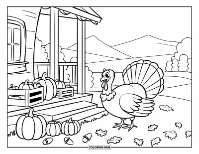 Coloriage de dinde de Thanksgiving pour enfants : Une dinde se promène près d'un porche avec des montagnes, des arbres et des décorations festives